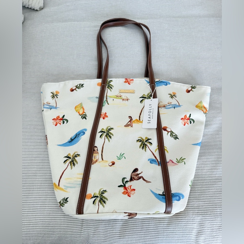 Seafolly Cream Tropical Print Tote Beach Bag + Scrunchie + Beqch Cover Up